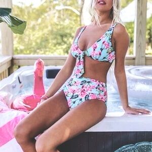 Beach Joy High Waisted Floral Bikini Set in Blue & Pink Cherry Blossoms S
